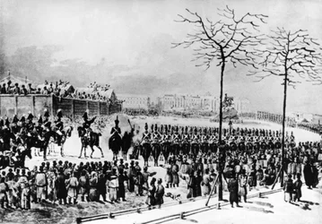 The Decembrist Uprising, 1825, Senate Square, St. Petersburg, Russia, Tsar Nicholas I Orders Cannons Fired at the Rebels, December 14Th, 1825, from an Old Watercolor by K, Kolman